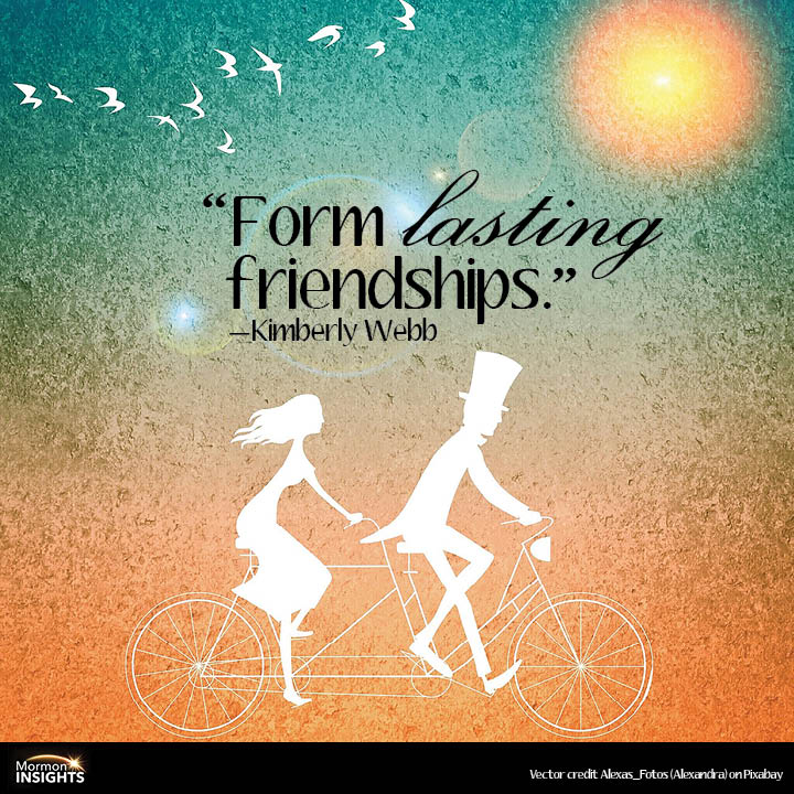 Two people biking, with the quote "Form lasting friendships" by Kimberly Webb