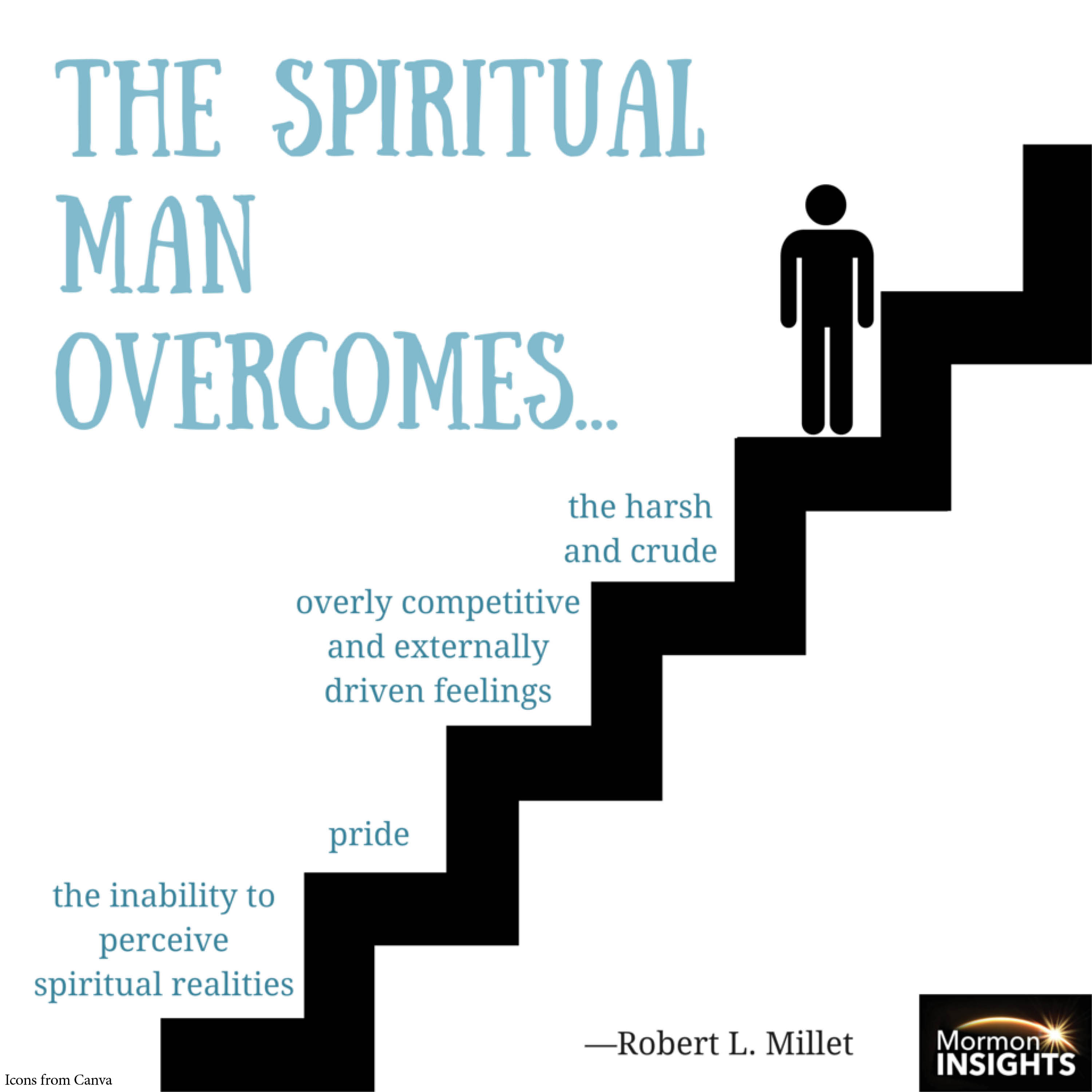 man going up steps, with the text: The spiritual man overcomes... the inability to perceive spiritual realities, pride, overly competitive and externally driven feelings, and the harsh and crude. - Robert L. Millet