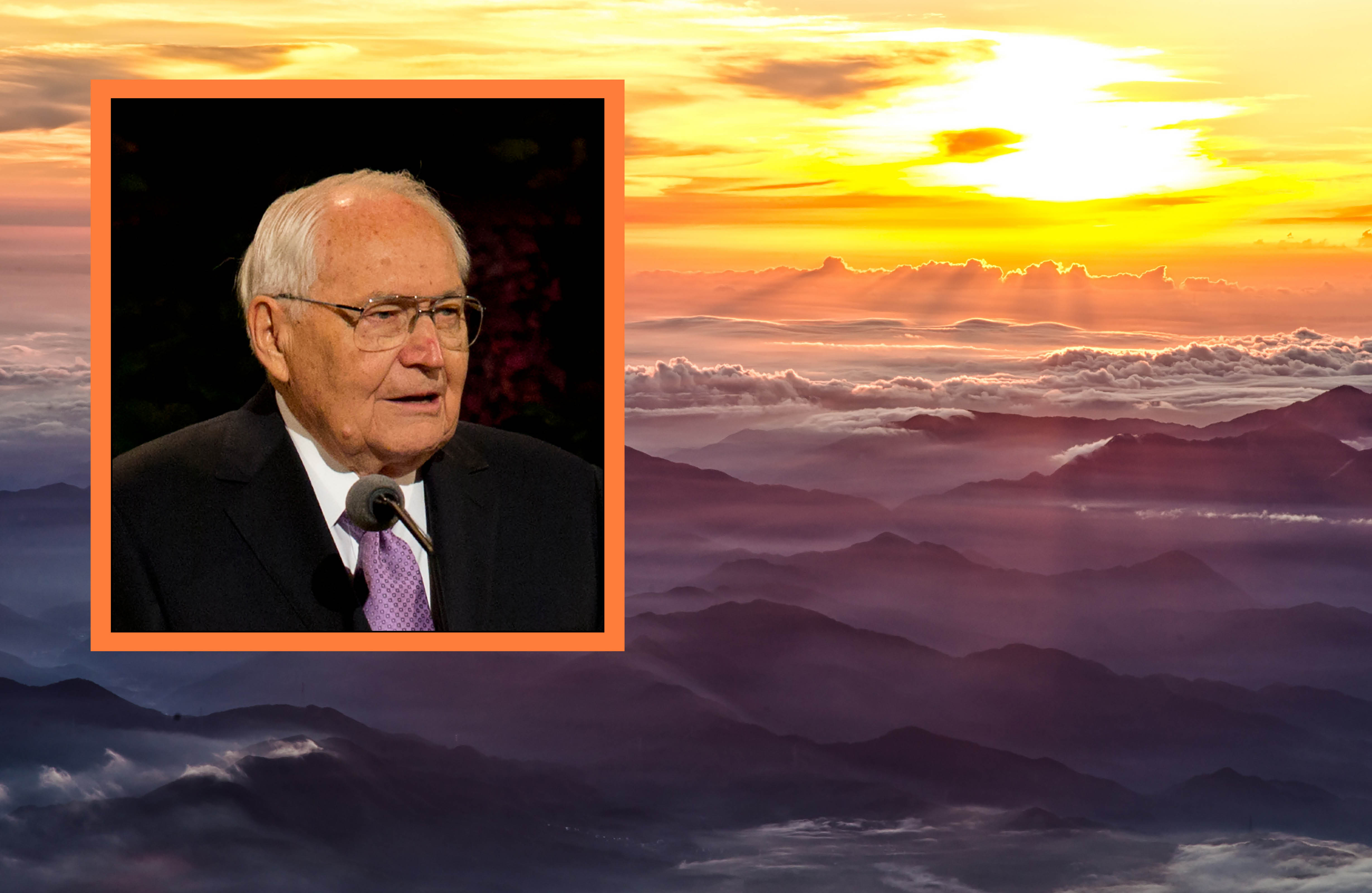 Picture of L. Tom Perry on a background with a sunset