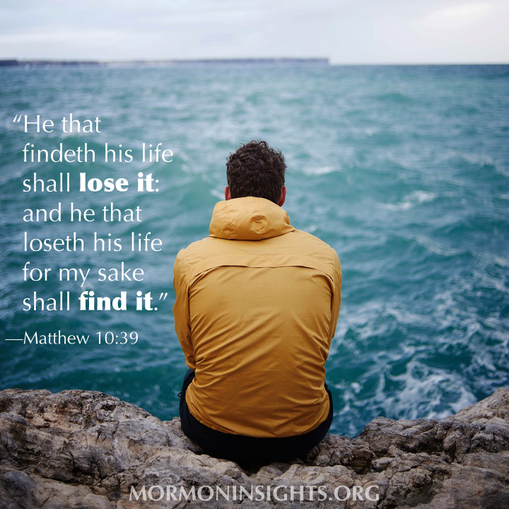 man sitting next to the ocean: "He that findeth his life shall lose it: and he that loseth his life for my sake shall find it" from Matthew 10:39