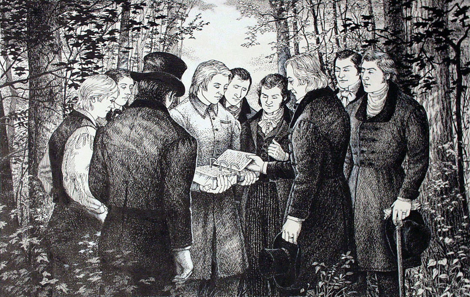 sketch of Joseph Smith showing the golden plates to a group of men
