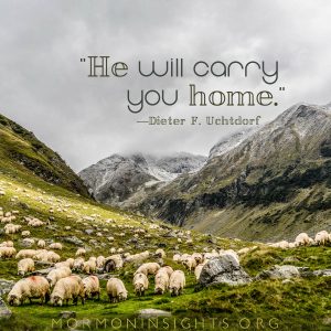 Lots of sheep in the mountains with quote "He will carry you home."