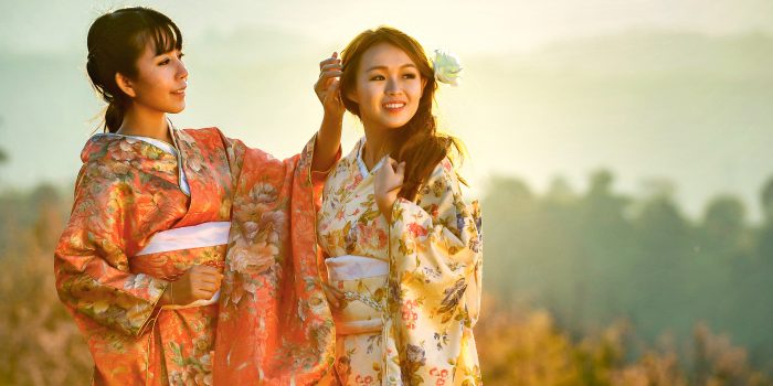 Young Japanese girls in graduation kimono
