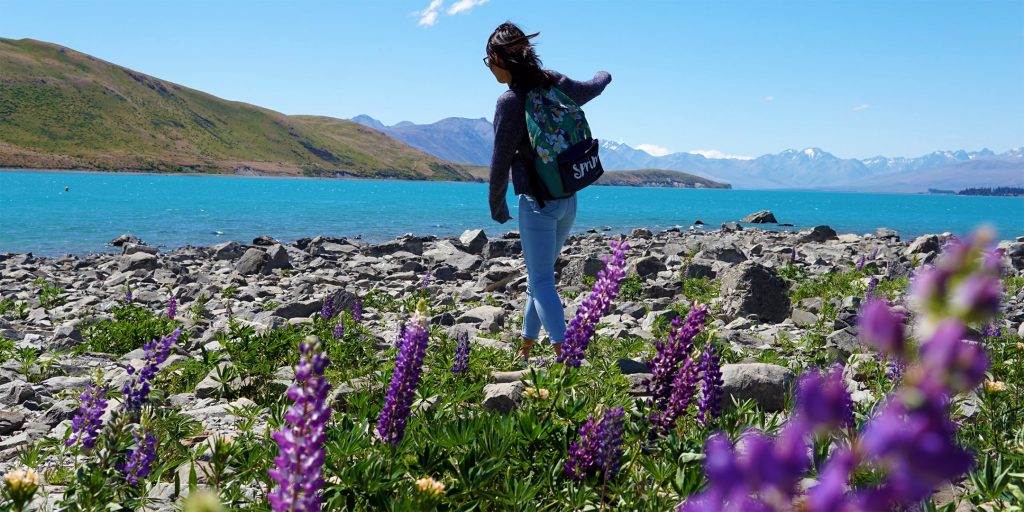 A girl stands near a river surrounded by rocks and purple flowers.