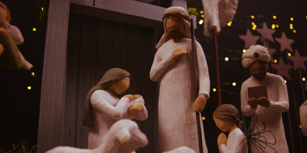 A carved wooden Nativity scene