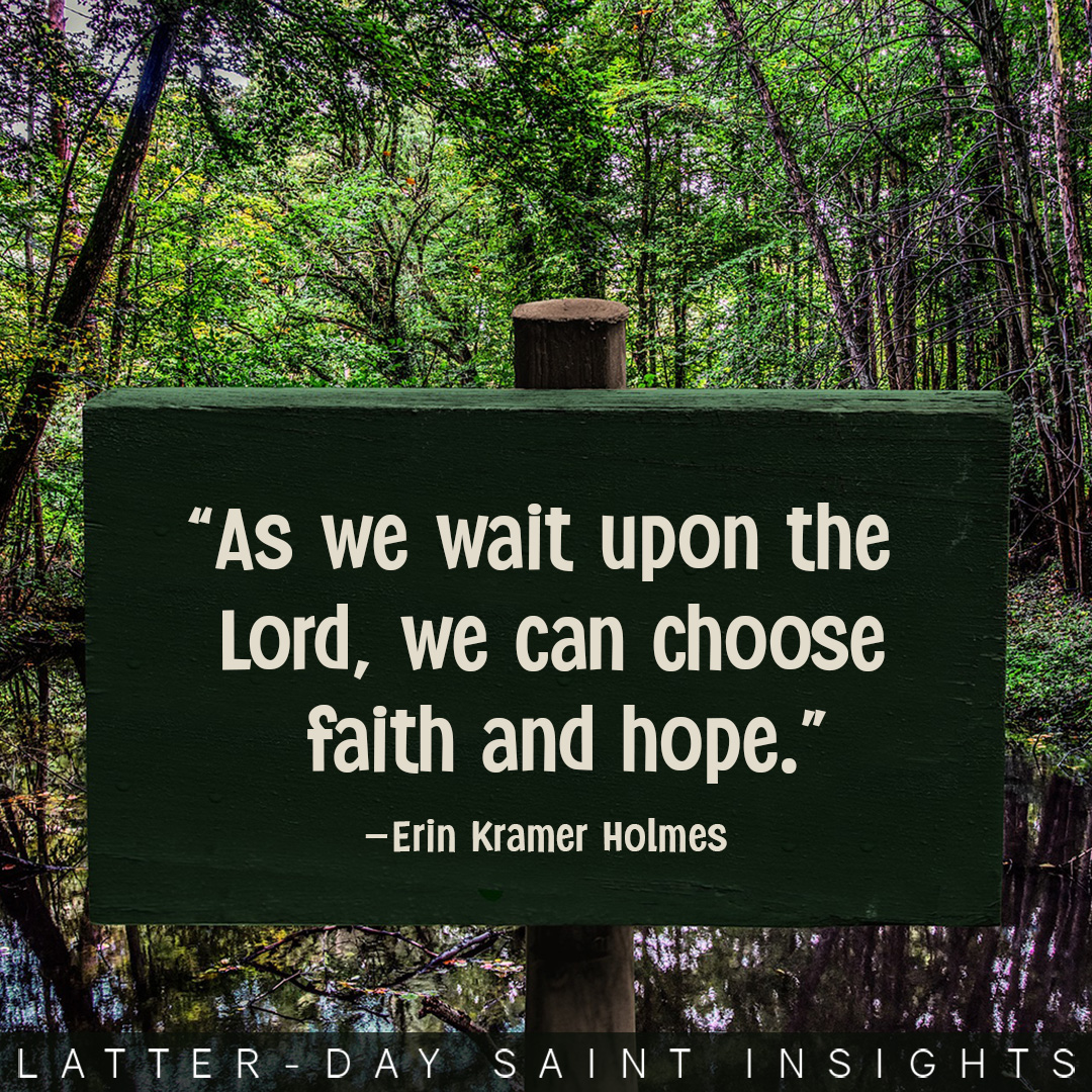 "As we wait upon the Lord, we can choose faith and hope." By Erin Kramer  Holmes. Blank sign in front of a pond.