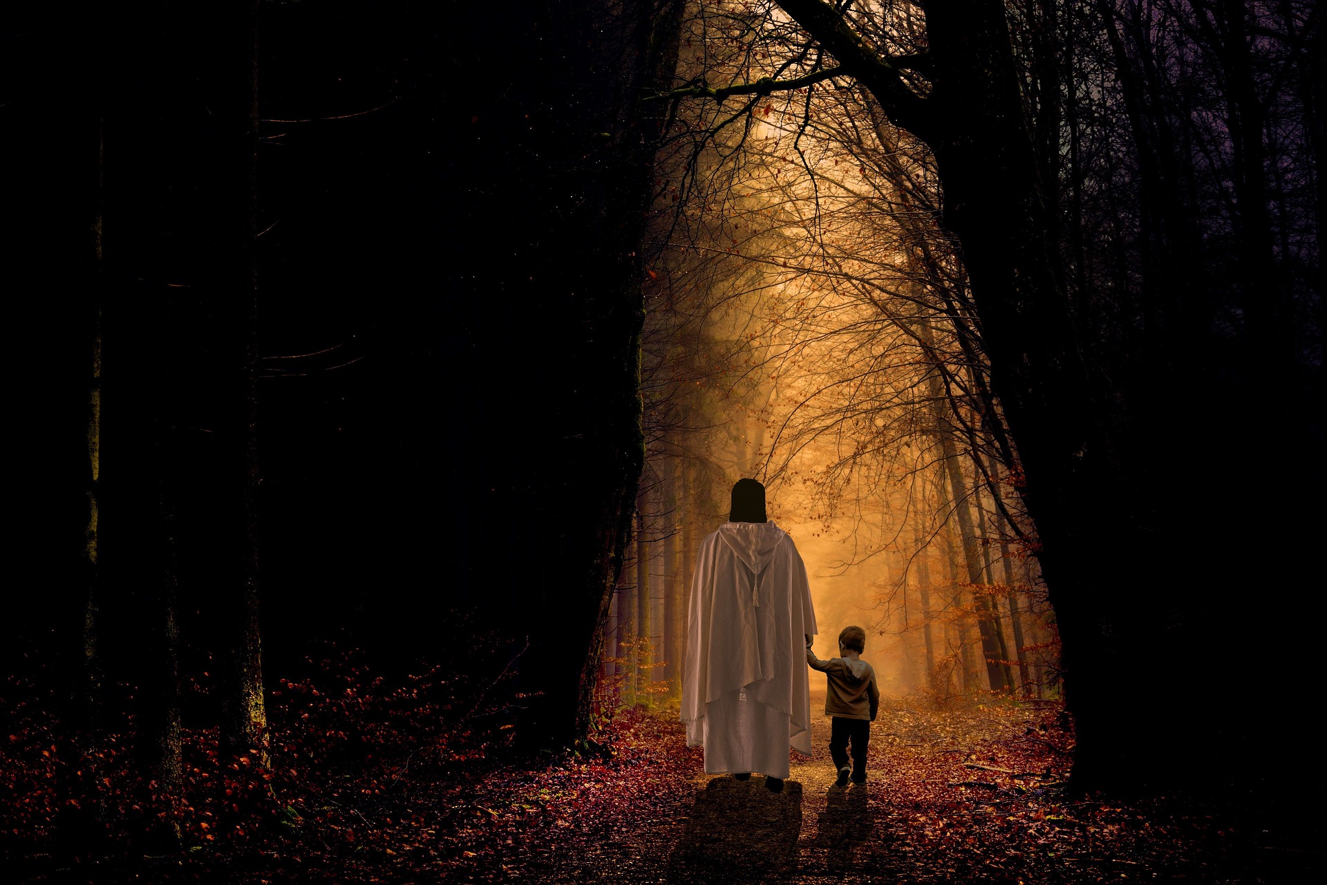Jesus walking with a child in a forest.