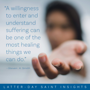 Quote by Steven A. Smith: "A willingness to enter and understand suffering can be one of the most healing things we can do." A woman with dark hair holds her hand out to the camera. Her face and the background are blurred.