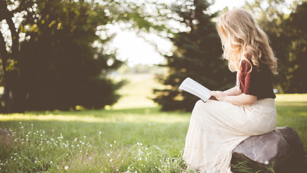 A woman wearing a maroon shirt and tan skirt sits on a rock in the grass reading in front of some trees.